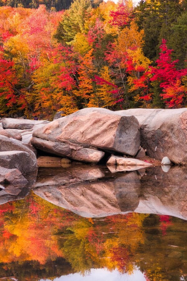 Lower Falls Fall Foliage Reflection On The Kancamagus Highway | New England Hampshire in Autumn White Mountains
