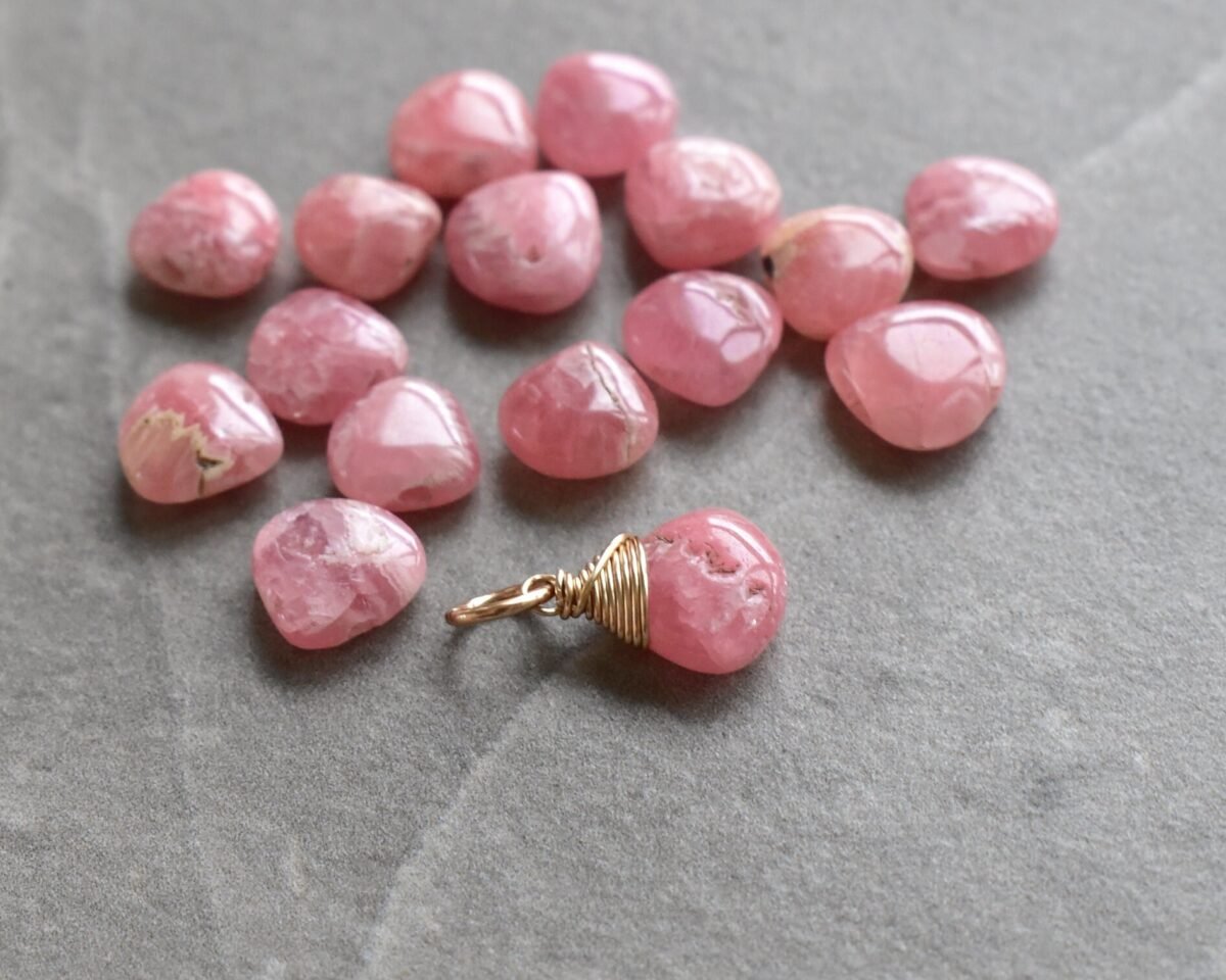M - Rustic Small Wire Wrapped Rhodochrosite Charm For Bracelet Natural Pink Stone Pendant Necklace Silver, 14K Gold, Rose Gold