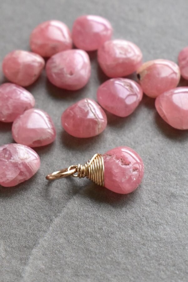 M - Rustic Small Wire Wrapped Rhodochrosite Charm For Bracelet Natural Pink Stone Pendant Necklace Silver, 14K Gold, Rose Gold