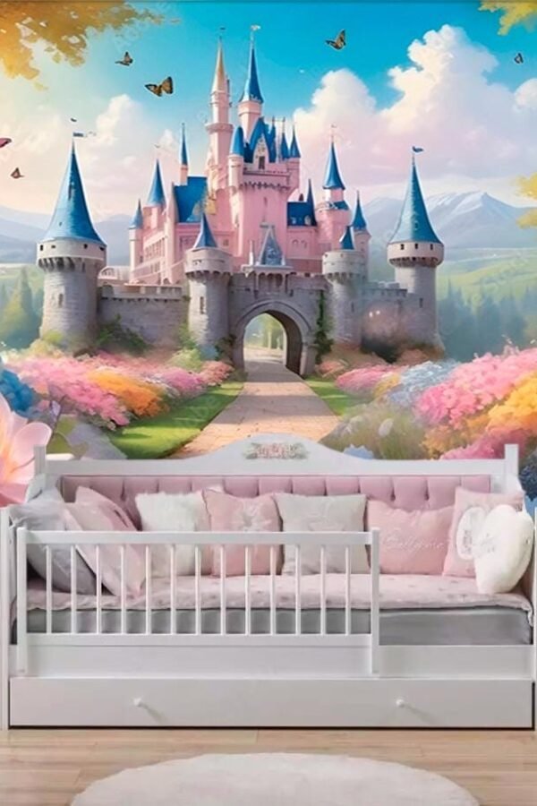 Magic Pink Castle Wallpaper Customizable Girls Nursery Wall Decor Mural Princess Forest Large