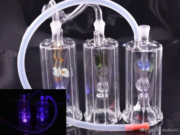 Mini Recycler Bong LED light Mini Dab Rig 10mm Glass ash catcher Bong Percolator Glass beaker Bongs Water Pipe with glass oil burner pipe