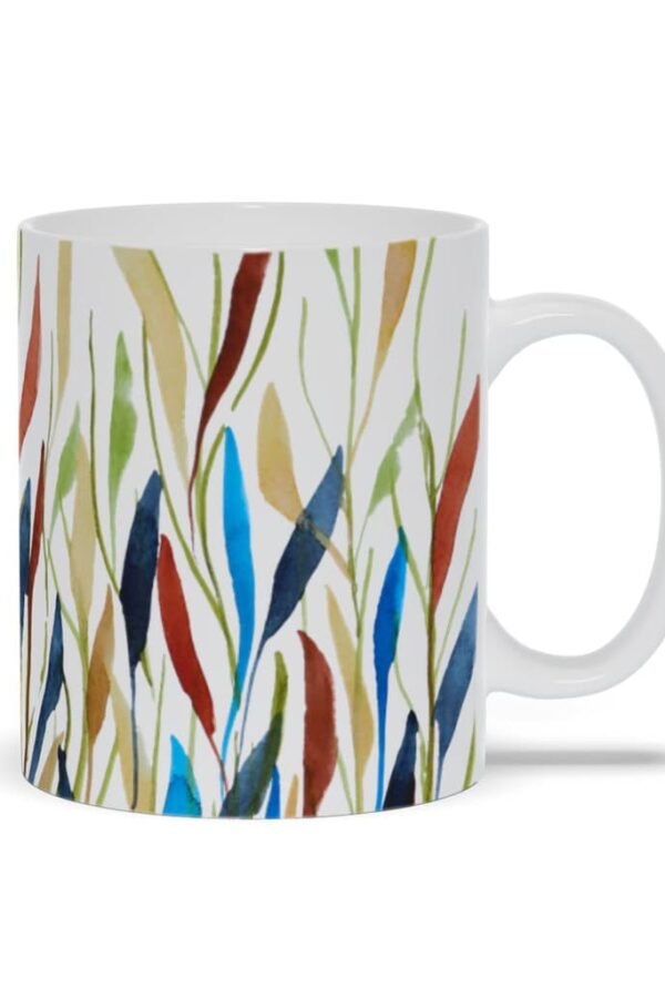 Modern Foliage Watercolor Print Mugs, Gifts Coffee, Tea, Hot Chocolate, Boho Botanical in Rust Blue Green Yellow Navy, Abstract, Geometric