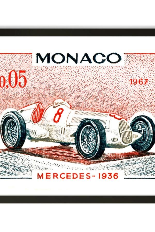 Monaco Grand Prix, Car Racing Print, Auto Art, Travel Poster, Vintage Car, Mercedes Benz, Mercedes, Postage Stamp Art