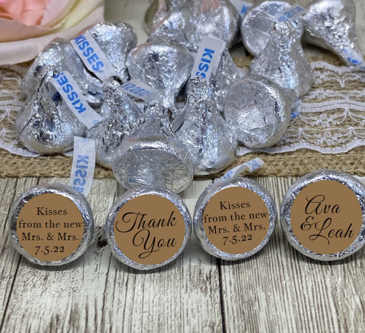 Mrs & Wedding Favor Stickers Kraft Chocolate Kisses Labels, .75" Size