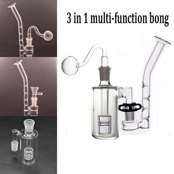 Multi Function Glass Bongs 3 In 1 Honeycomb Ashcatcher Hookah Water Pipe with J-hook Adapter 14mm Recycler Dab Rig Bong with Oil Burner Pipe