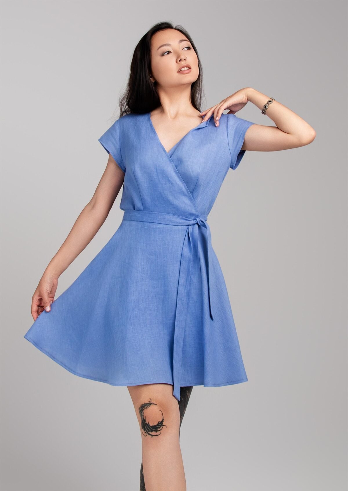 Natural Linen Wrap Dress Short Sleeve Full Circle Skirt, Boho Summer Dress