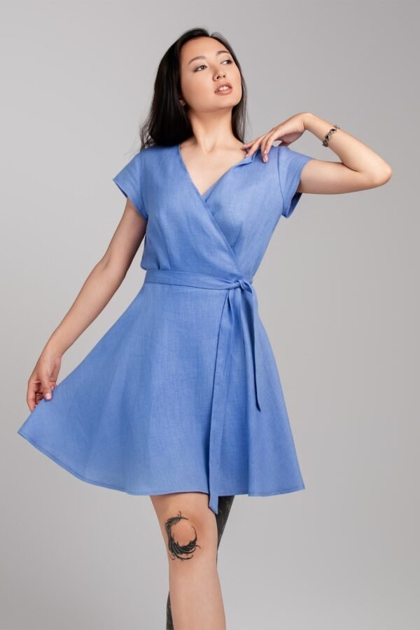Natural Linen Wrap Dress Short Sleeve Full Circle Skirt, Boho Summer Dress
