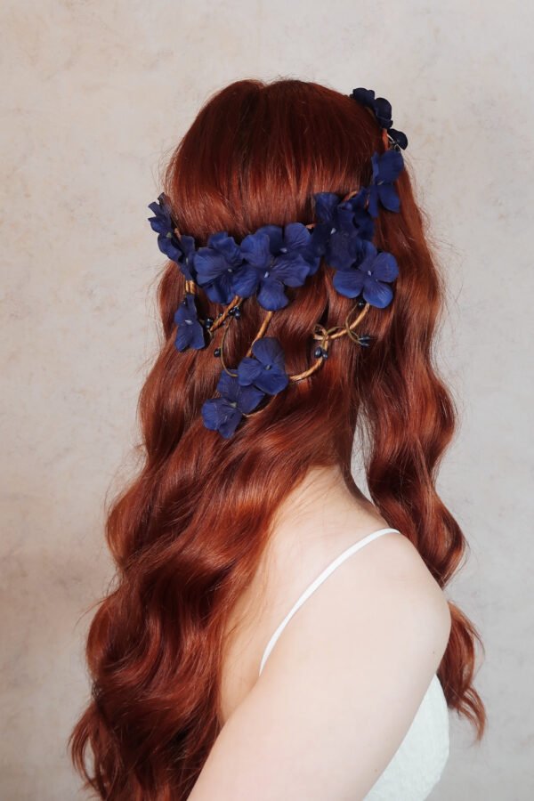 Navy Blue Flower Crown, Floral Hair Wreath, Bridal Vine Wedding Headpiece, Medieval Circlet, Navy Piece
