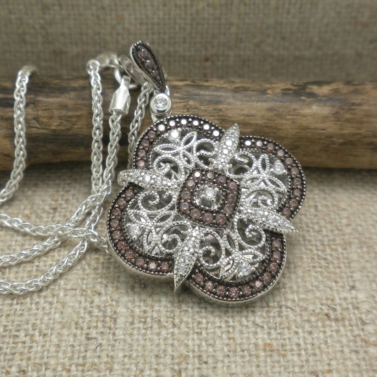 Night & Day Scalloped Celtic Knot Pendant Trinity Knots With White & Chocolate Czs By Keith Jack Jewelry 18" Chain Gift Boxed