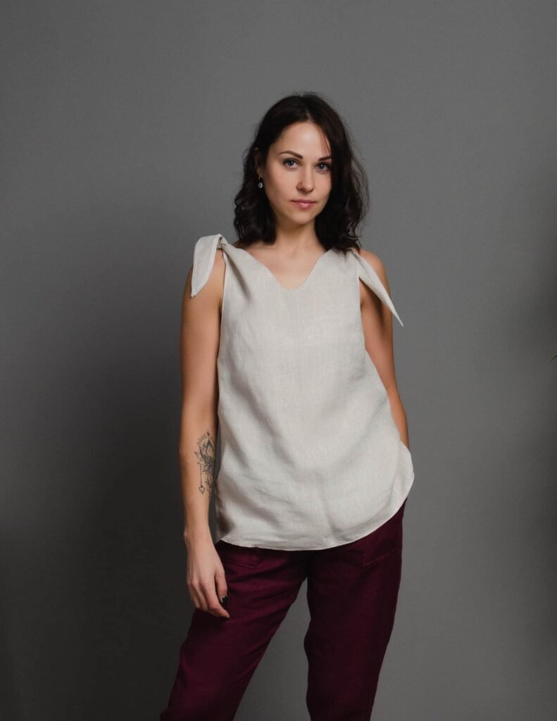 Olivia Natural Colour Sleeveless Linen Tank Wrapped On The Shoulders, Simple Top, Blouse, Loose Wrap Shirt, Shirt