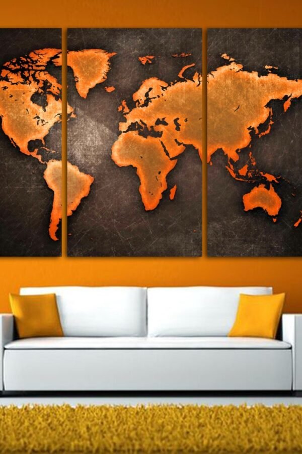 Orange & Black World Map Canvas Print Modern Triptych Art