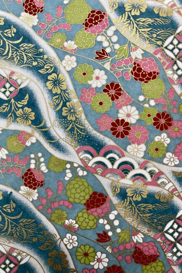 Origami -Yuzen Washi -Chiyogami -Silk Screen Paper -Craft -Various Size M Streams Of Chrysanthemums & Seigaiha On Lt Blue Pattern #244