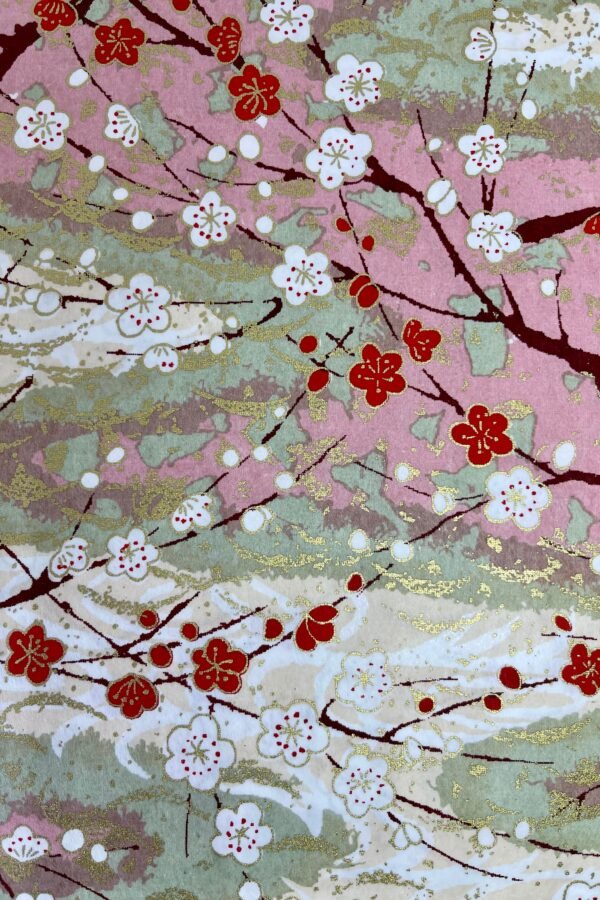 Origami -Yuzen Washi -Chiyogami -Silk Screen Paper -Craft -Various Sizes | M Branches Of Ume Plum Trees On White & Pink Pattern #274