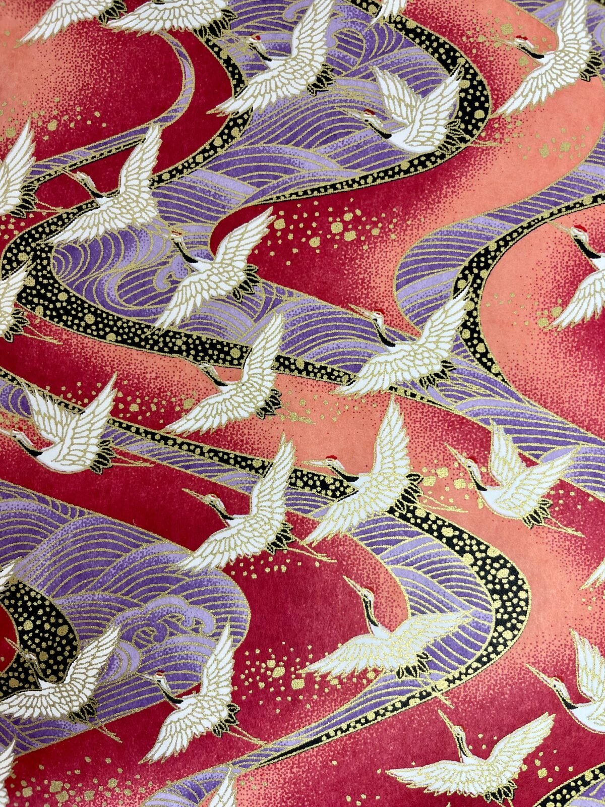 Origami -Yuzen Washi -Chiyogami -Silk Screen Paper -Craft -Various Sizes | M Flocking Cranes On Red & Purple Waves Pattern #270
