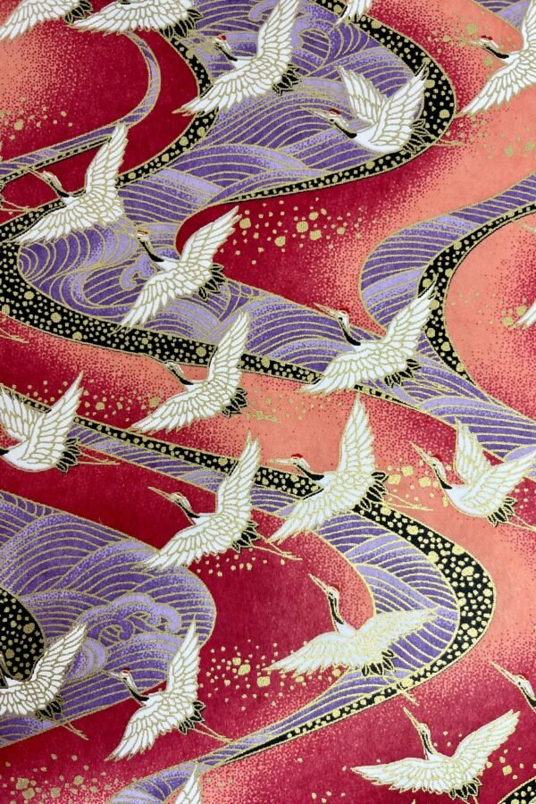 Origami -Yuzen Washi -Chiyogami -Silk Screen Paper -Craft -Various Sizes | M Flocking Cranes On Red & Purple Waves Pattern #270