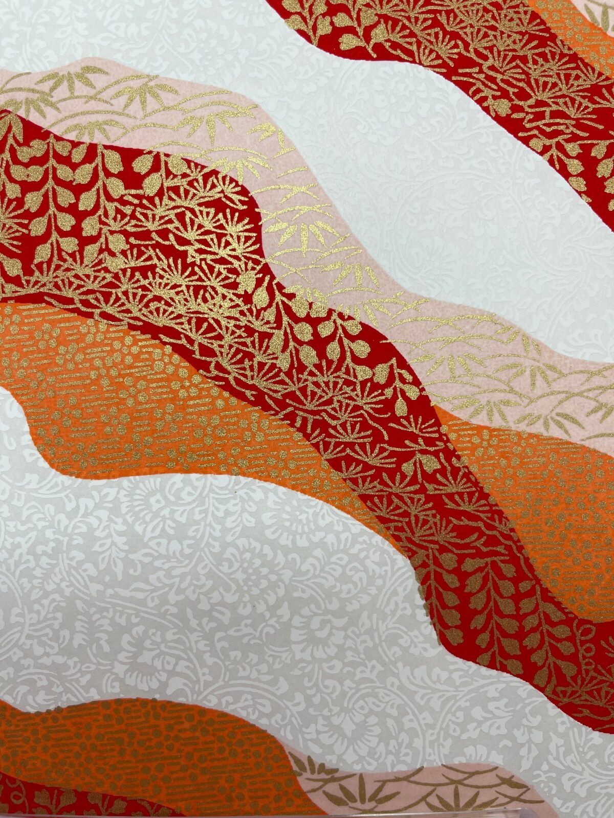 Origami -Yuzen Washi -Chiyogami - Silk Screen Paper -Craft -Various Sizes -Red, Orange, & White Streams Of Flowers Pattern #87 3606