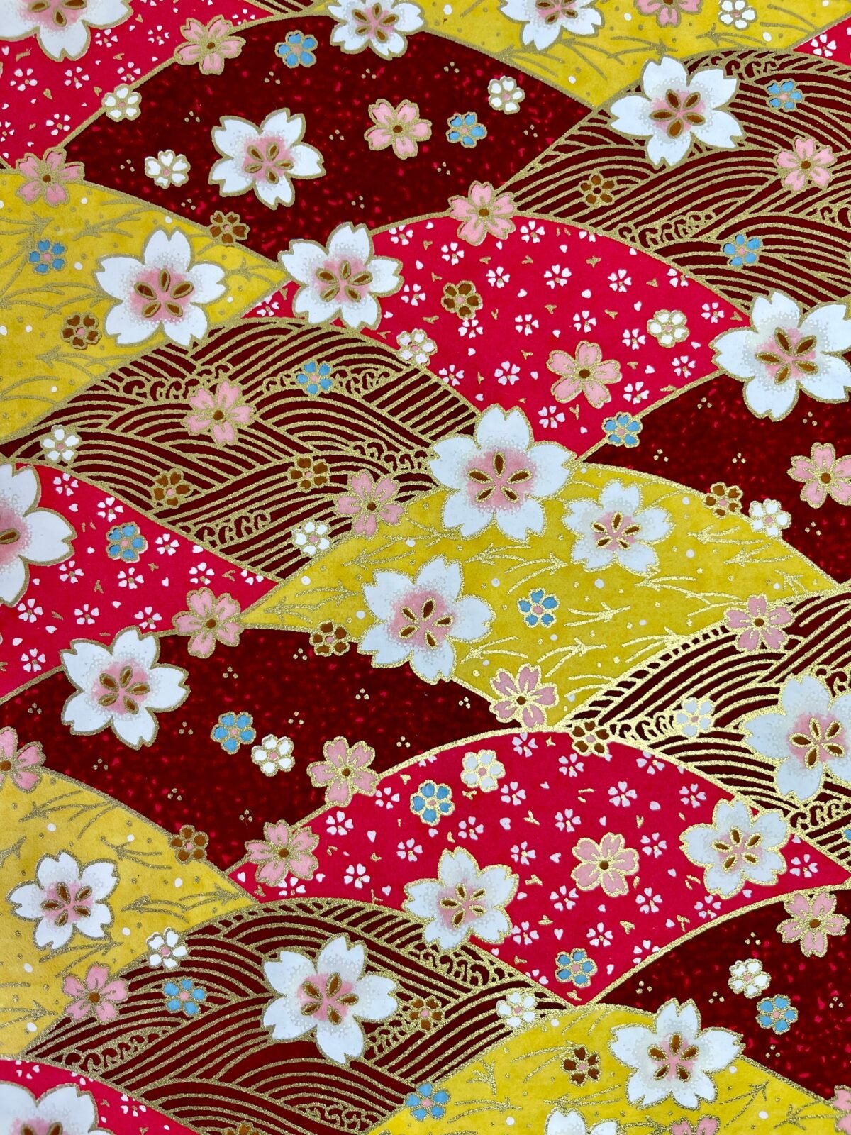 Origami -Yuzen Washi -Chiyogami - Silk Screen Paper -Craft -Various Sizes | Y Shades Of Red & Golden Floral Seigaiha Pattern #303