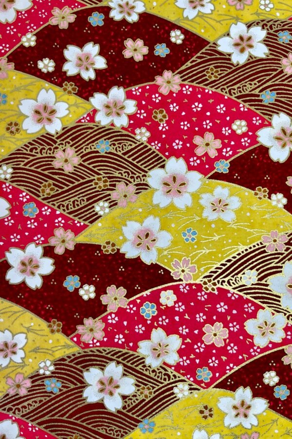 Origami -Yuzen Washi -Chiyogami - Silk Screen Paper -Craft -Various Sizes | Y Shades Of Red & Golden Floral Seigaiha Pattern #303
