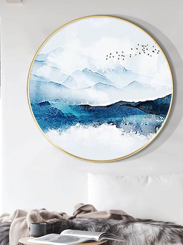 Original Mountain Cloud Acrylic Paintings On Canvas Framed Painting Extra Large Wall Decor Round Art Wall Painting Abstract Canvas Blue