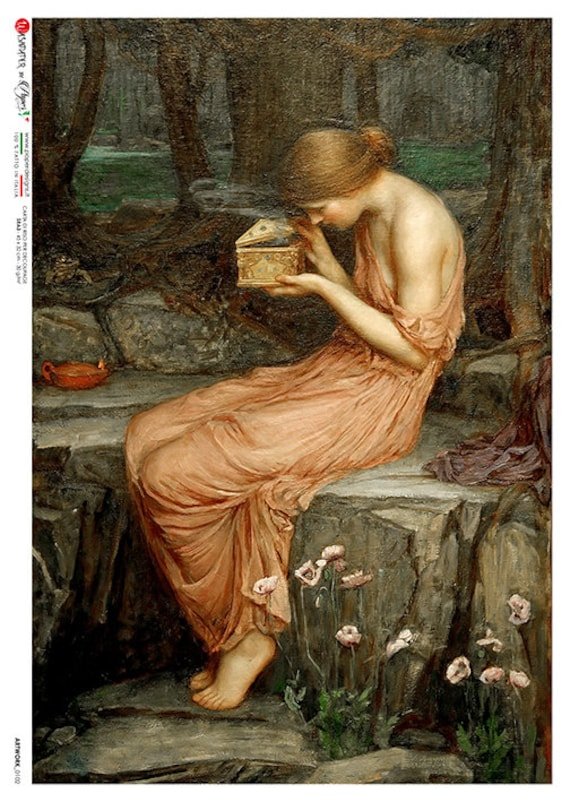 Paper Designs Rice | Lady With Box A4 Natural Decoupage 12.5" X 8.6" Artwork 0102