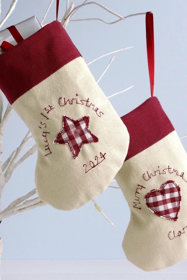 Personalised Embroidered Christmas Stocking Decoration - Babys 1St Tree Mini Xmas With Star/Heart