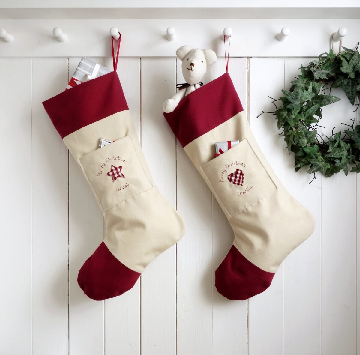 Personalised Embroidered Christmas Stocking With Pocket - Letter To Santa Xmas Scandi Holiday Heart Or Star