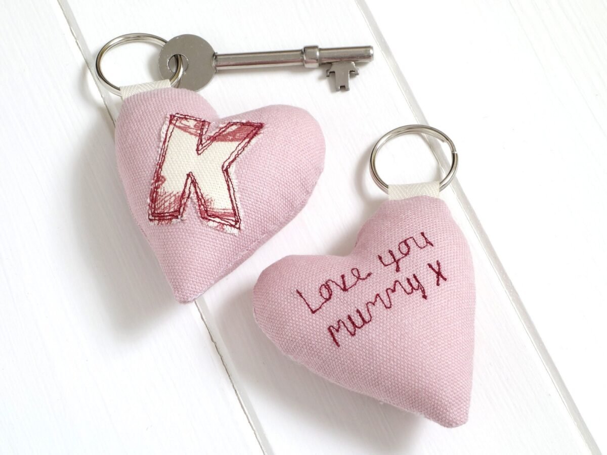 Personalised Embroidered Initial Heart Keyring For Her - Fabric Keychain Gift Birthday, 2nd Cotton Anniversary, Christmas, Housewarming