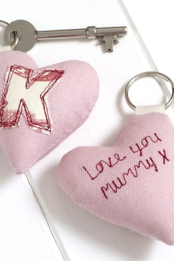 Personalised Embroidered Initial Heart Keyring For Her - Fabric Keychain Gift Birthday, 2nd Cotton Anniversary, Christmas, Housewarming