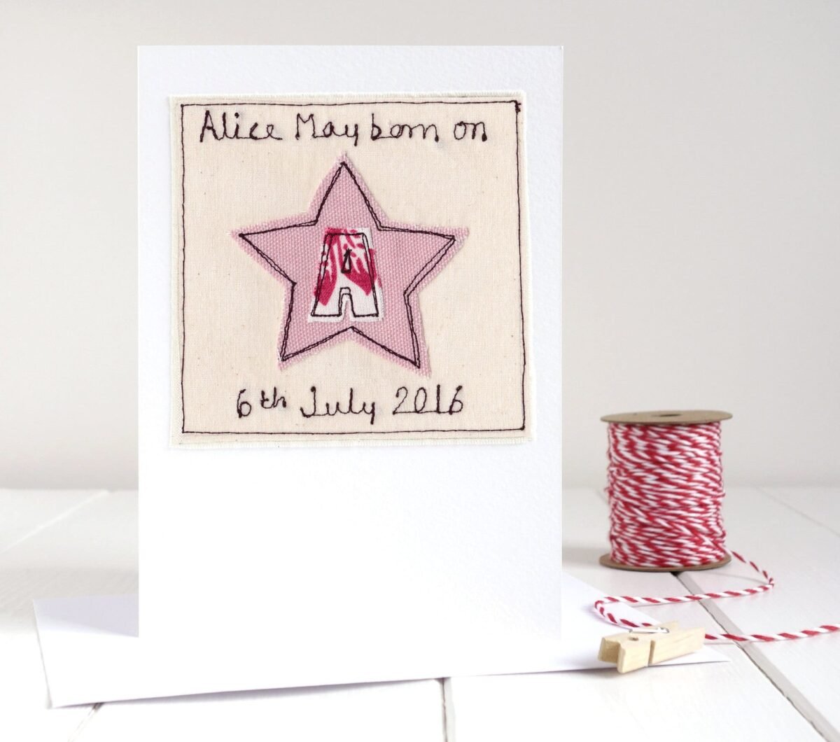 Personalised Embroidered Initial Star Card For New Baby Girl, Girls Birthday, Christening, Baptism, Naming Day, Adoption - Name