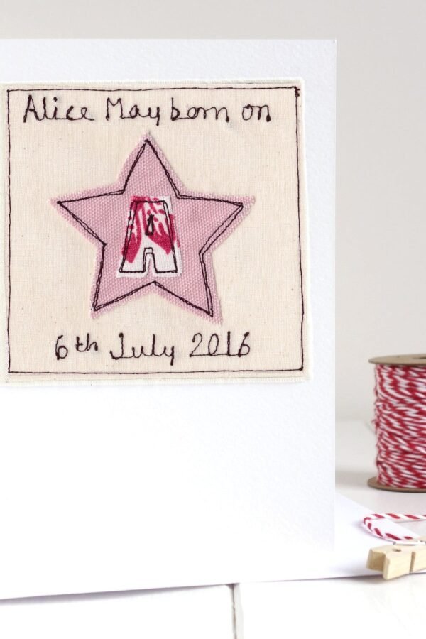 Personalised Embroidered Initial Star Card For New Baby Girl, Girls Birthday, Christening, Baptism, Naming Day, Adoption - Name