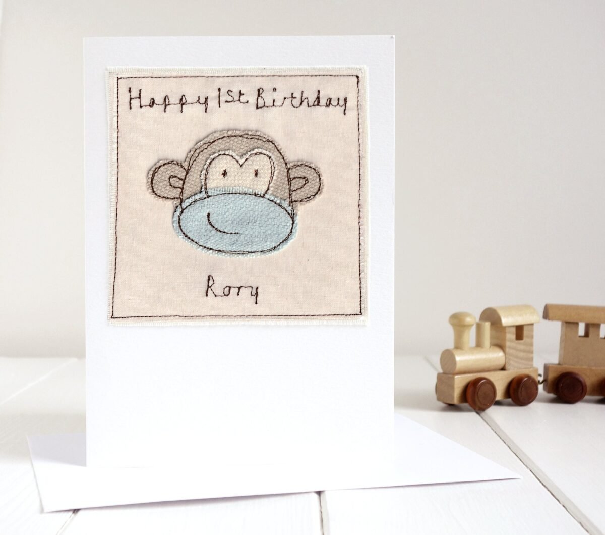Personalised Embroidered Monkey Birthday Card For Boy, Son, Grandson, Nephew, Big Or Little Brother - Cute Fathers Day Dad, Grandad