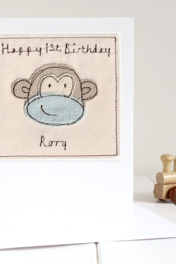 Personalised Embroidered Monkey Birthday Card For Boy, Son, Grandson, Nephew, Big Or Little Brother - Cute Fathers Day Dad, Grandad