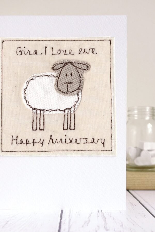 Personalised Embroidered Sheep Anniversary Card - 7Th Wool For Husband, Wife, Couple Seven Years & Counting, I Love Ewe