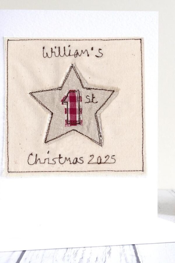 Personalised Embroidered Star 1St Christmas Card For Baby Boy, Son, Grandson, Nephew, Godson, Dad, Daddy, Grandad - Keepsake First Xmas