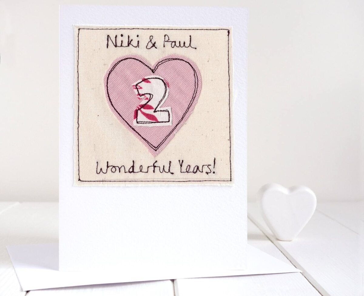 Personalised Embroidered Wedding Anniversary Card For Any - Cotton 2nd Or 4Th Linen Wife, Husband, Couple