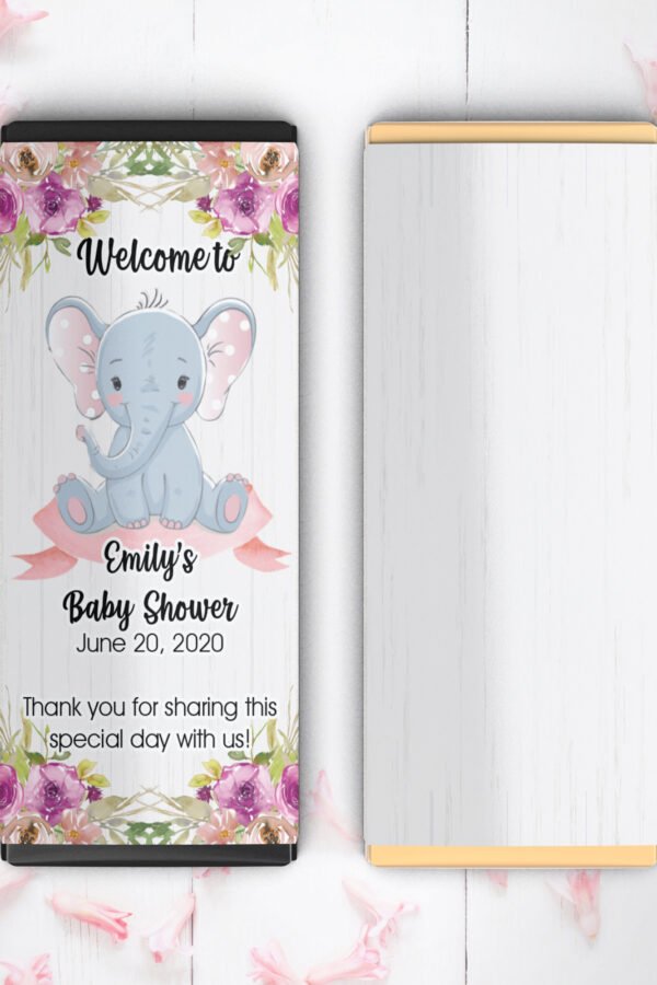 Personalized Baby Shower Chocolate Bar Stickers Pink Elephant, Set Of 12