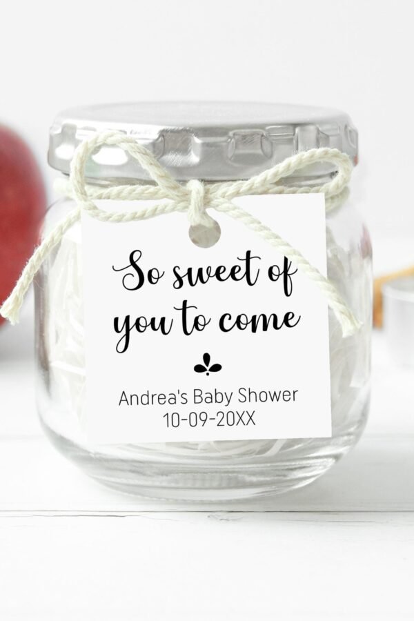 Personalized Baby Shower Tags, So Sweet Of You To Come, Custom Square Gift Tags For Candy Jars, Cookies, Chocolates, Sweets, Honey T-205