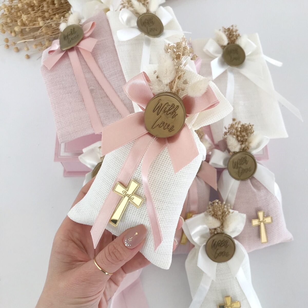 Personalized Baptism Favor Bag Cross, Ribbon, & Gold Tag