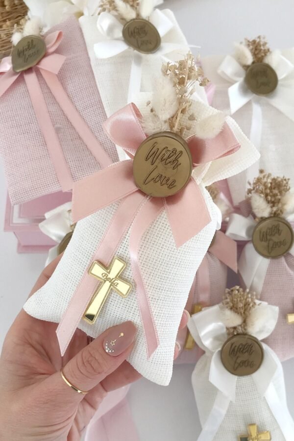 Personalized Baptism Favor Bag Cross, Ribbon, & Gold Tag