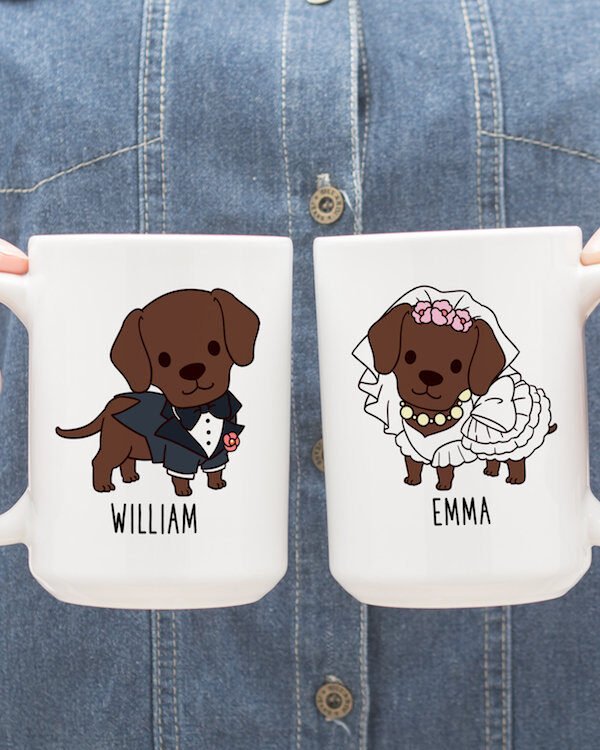 Personalized Bride & Groom Chocolate Labrador Retriever Mugs, Custom Name Coffee Mug, Dog Couple Valentine Engagement Wedding Gift