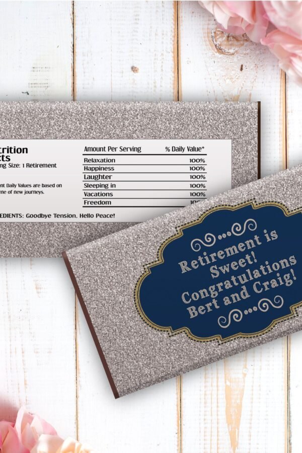 Personalized Chocolate Bar Stickers | Printed Labels For Full Size Candy Retirement Favors Silver Or Gold Faux Glitter Set Of 12