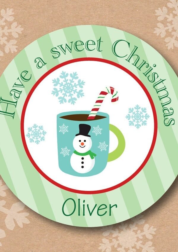 Personalized Christmas Sticker Hot Chocolate Snowman Party Favor Label Boys Blue & Green Striped Gift