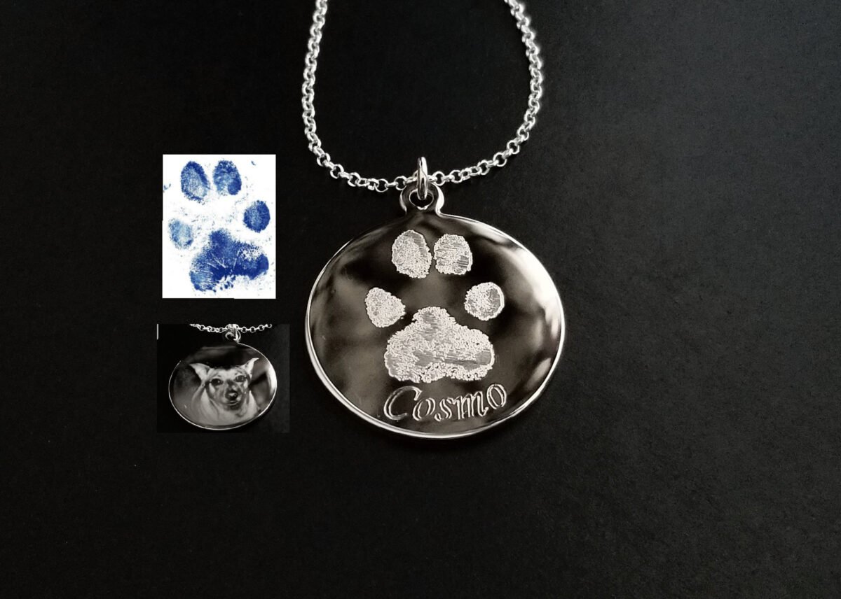 Pet Photo Or Paw Pic Cat Dog Handwriting Signature Name Necklace Baby Memorial Sterling Silver Chain & Rhodium Shiny Charm Pendant
