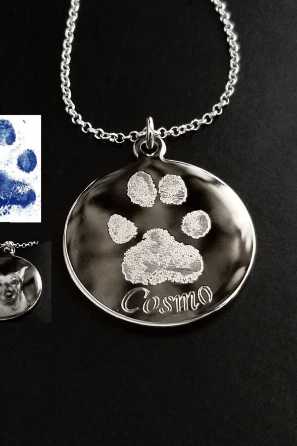 Pet Photo Or Paw Pic Cat Dog Handwriting Signature Name Necklace Baby Memorial Sterling Silver Chain & Rhodium Shiny Charm Pendant