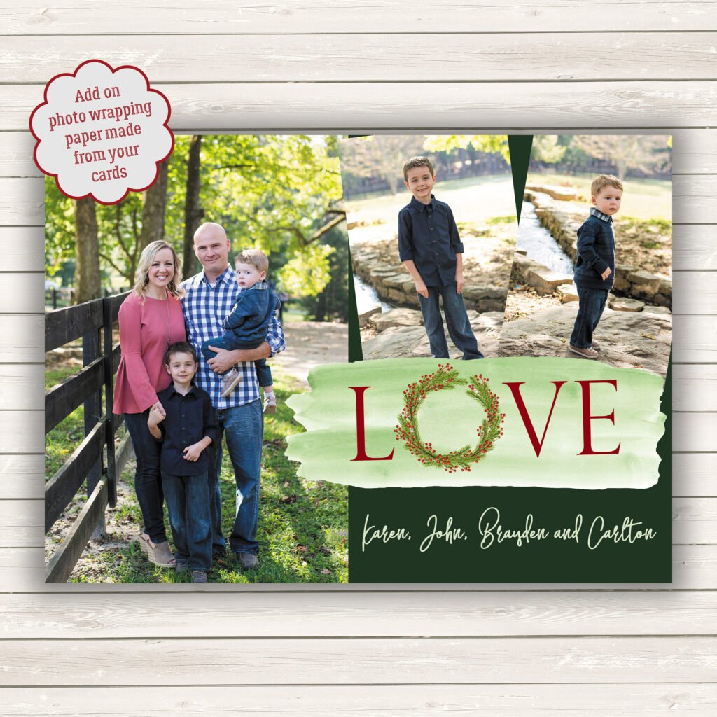 Photo Christmas Cards, Printed Wrapping Paper, Holiday Wreath Love Card