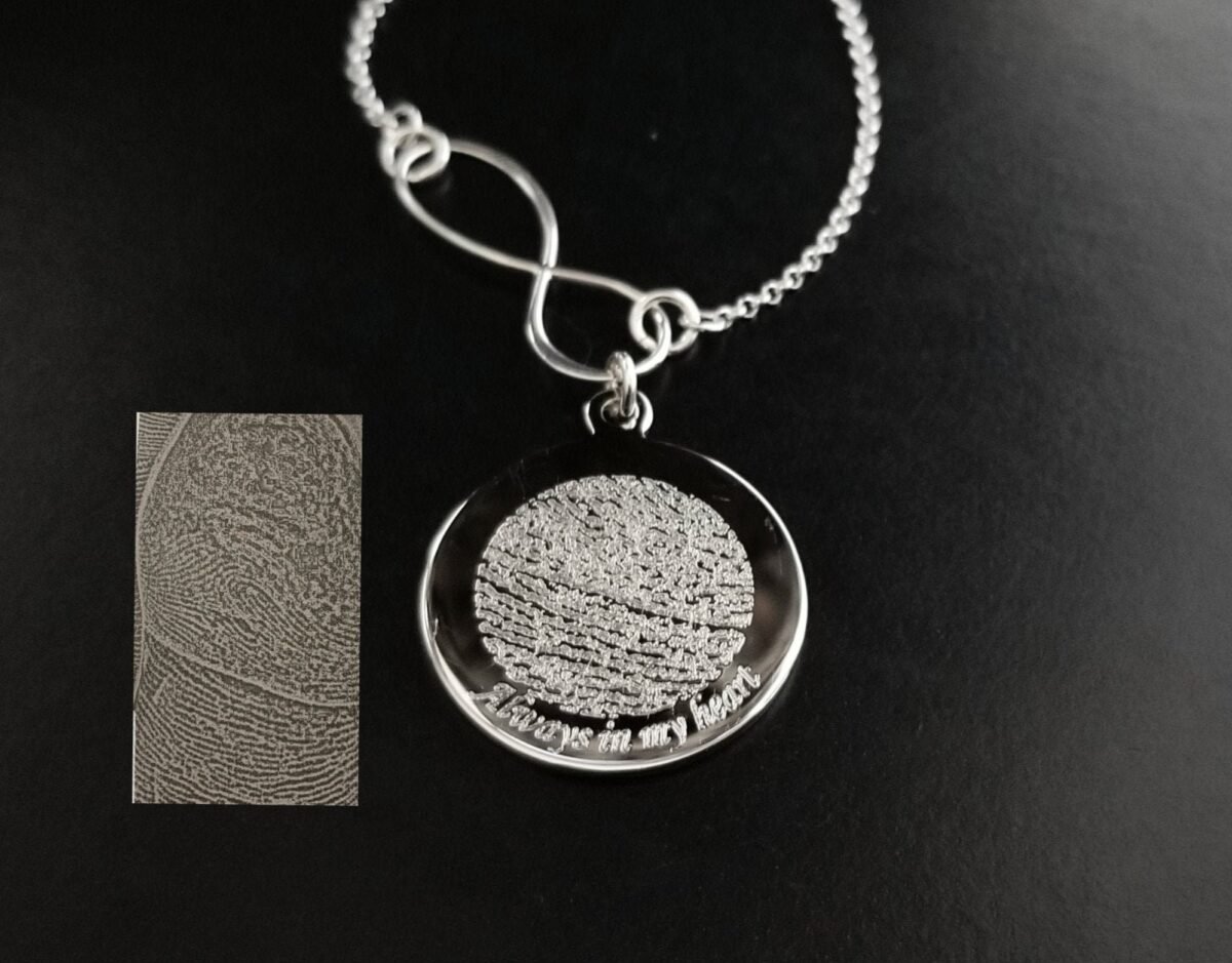 Photo Pic Handwriting Signature Fingerprint Name Necklace Ultrasound Baby Memorial 925 Sterling Silver & Rhodium Personalized Infinity