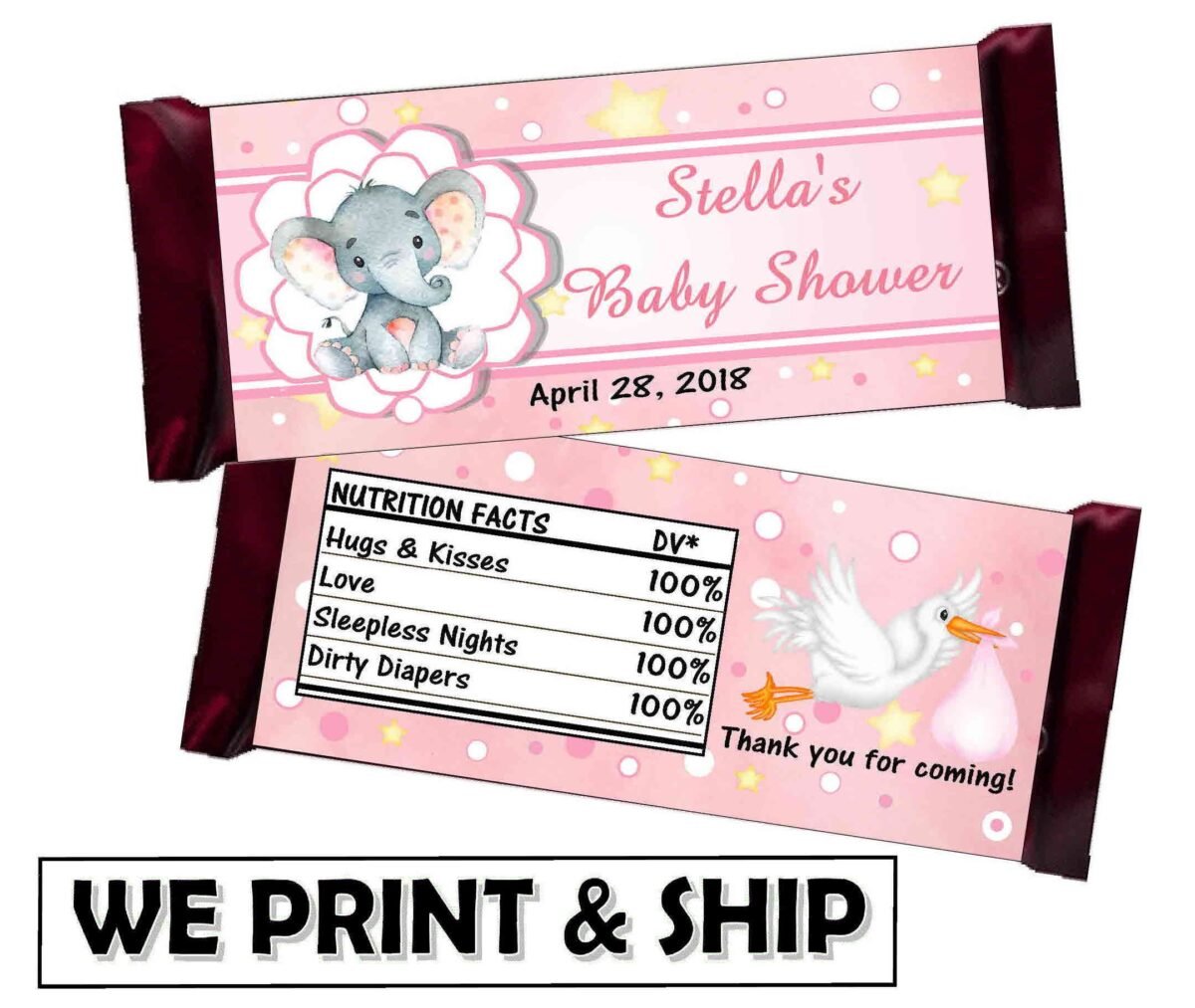 Pink Elephant Baby Shower Favors Chocolate Candy Bar Wrappers For 1.55 Oz. Solid Milk Chocolate Bar