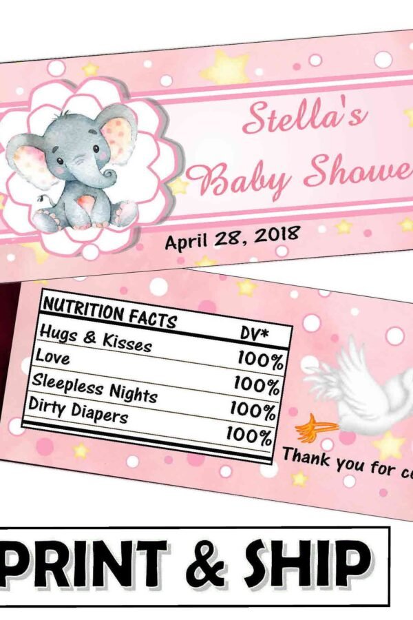 Pink Elephant Baby Shower Favors Chocolate Candy Bar Wrappers For 1.55 Oz. Solid Milk Chocolate Bar