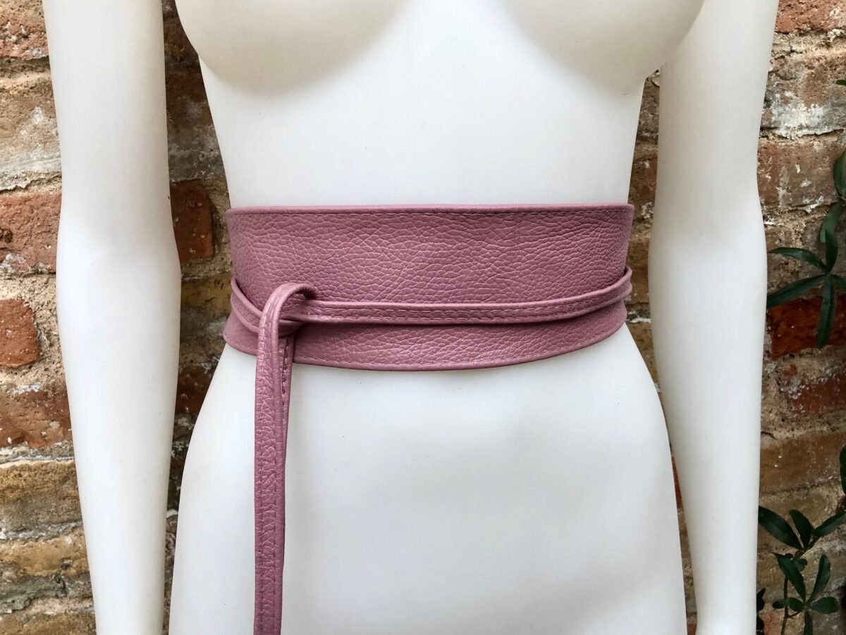 Pink Obi Belt in Soft Leather. Wrap Dark Dusty Pink. Wide Waist Genuine Wraparound Belt. Boho Sash Purple - Pink