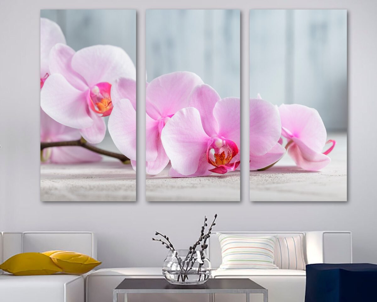 Pink Orchid Flower Wall Art Canvas Print Over Grey Background. Flower Art, Blossom - Giclee Art For Home Decor, Wall Interior Design